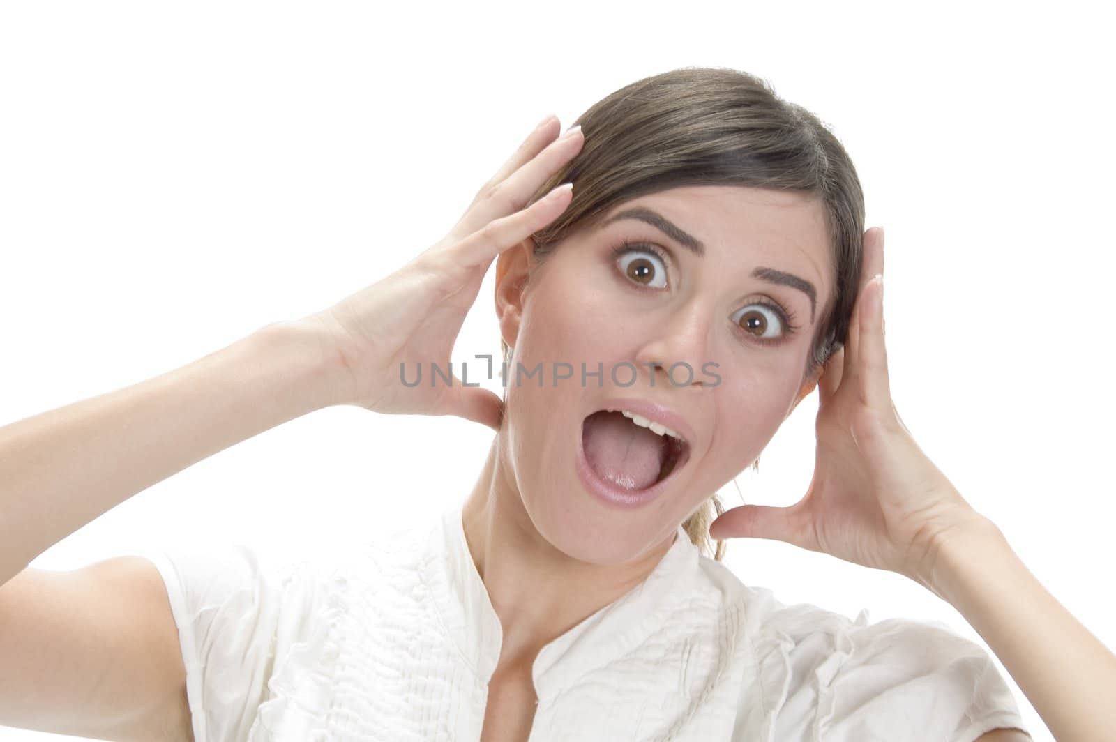 screaming young lady on an isolated white background