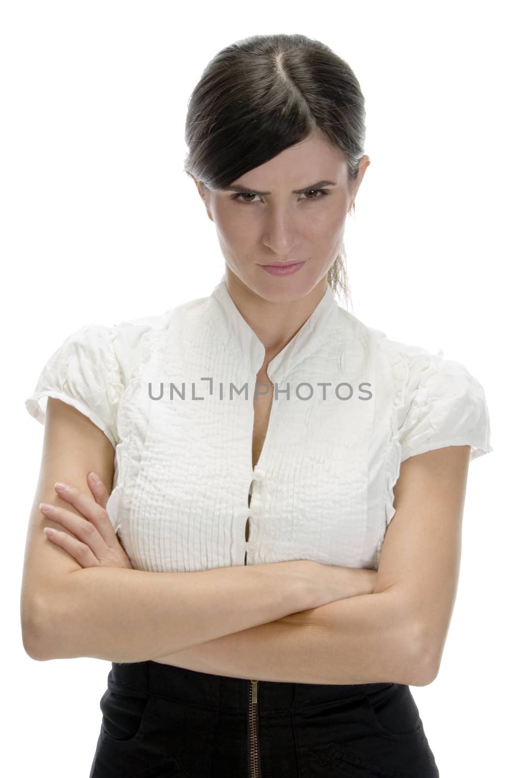 young lady staring you on an isolated white background