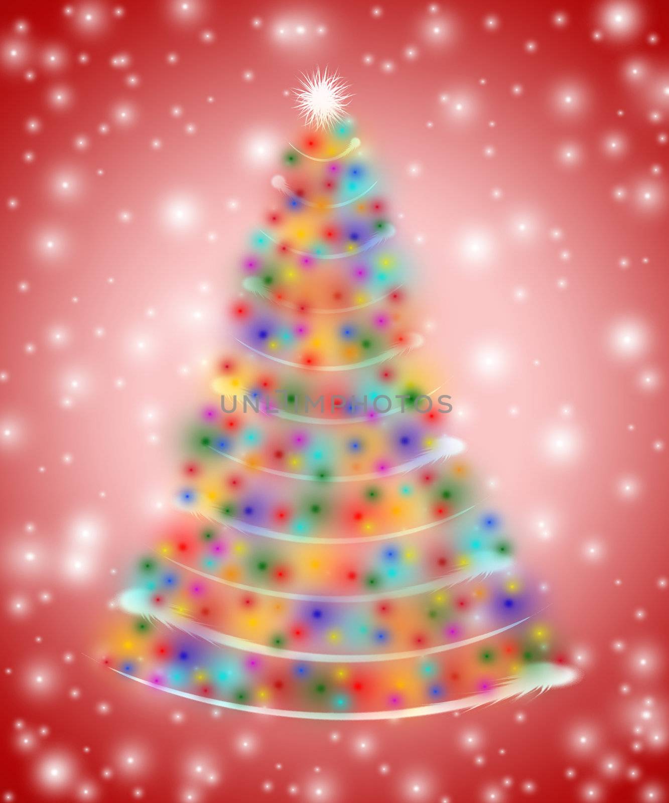 christmas tree drawn by white, red, yellow, orange, pink, violet, green and blue lights 
