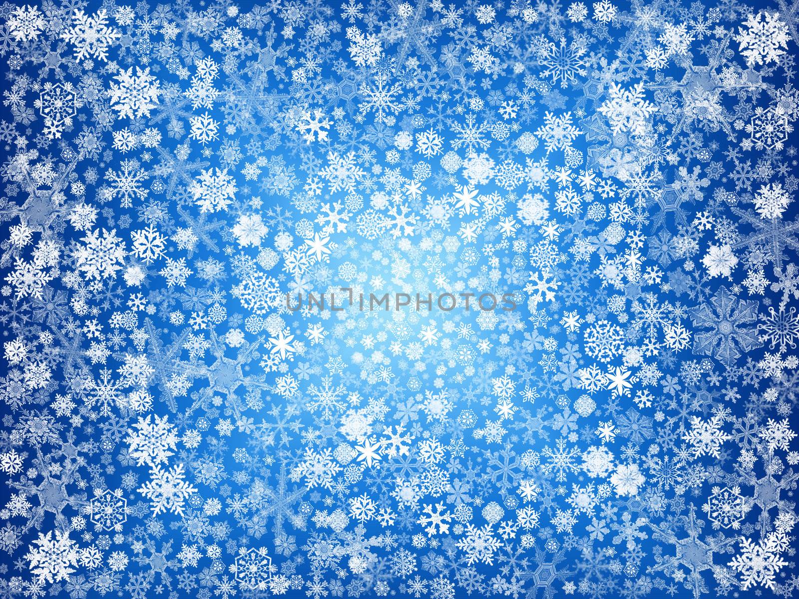 white snowflakes over blue background with feather center
