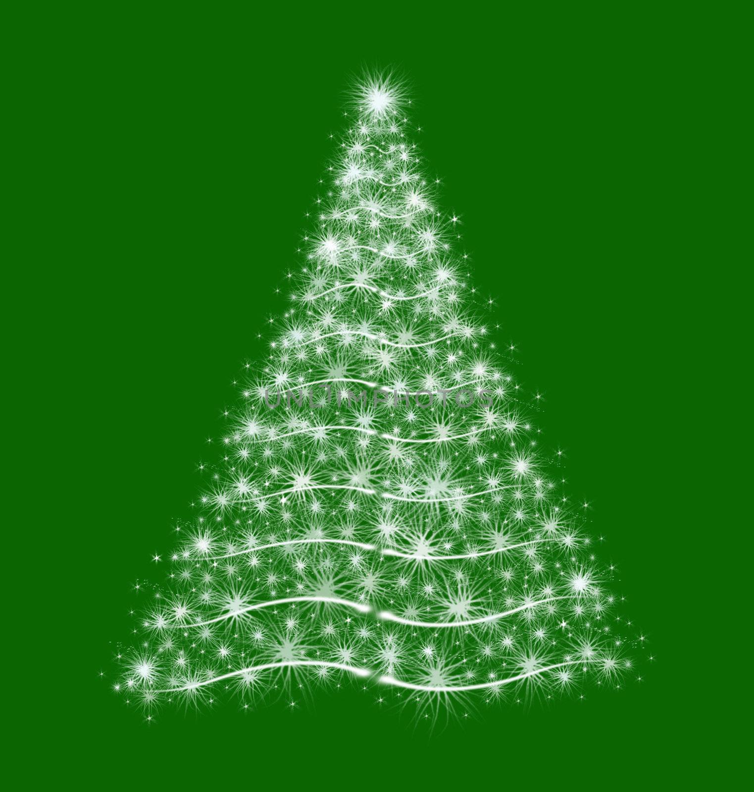 christmas tree drawn by white lights over green background 
