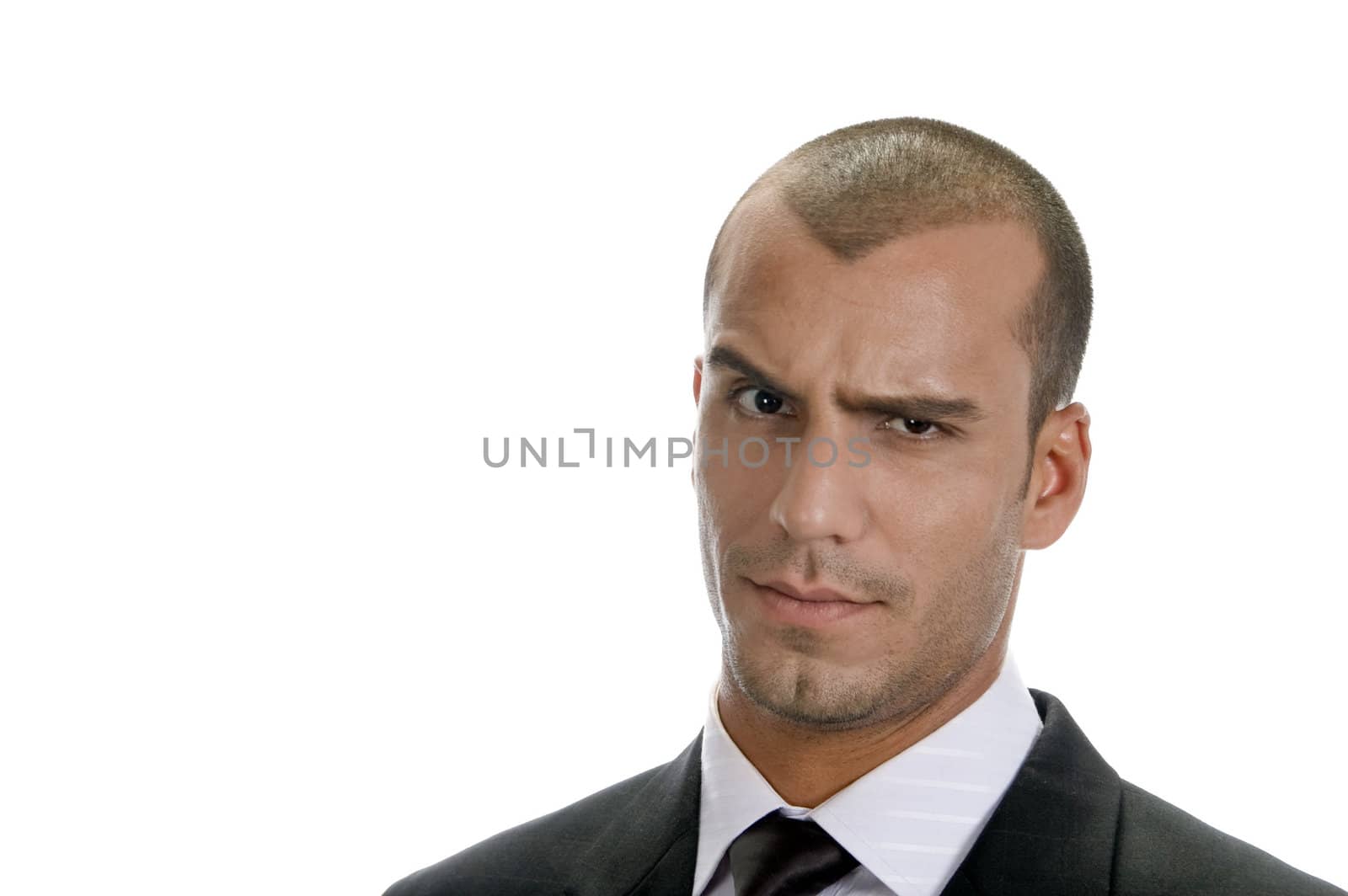 man expressing suspicion with his eyes on an isolated white background