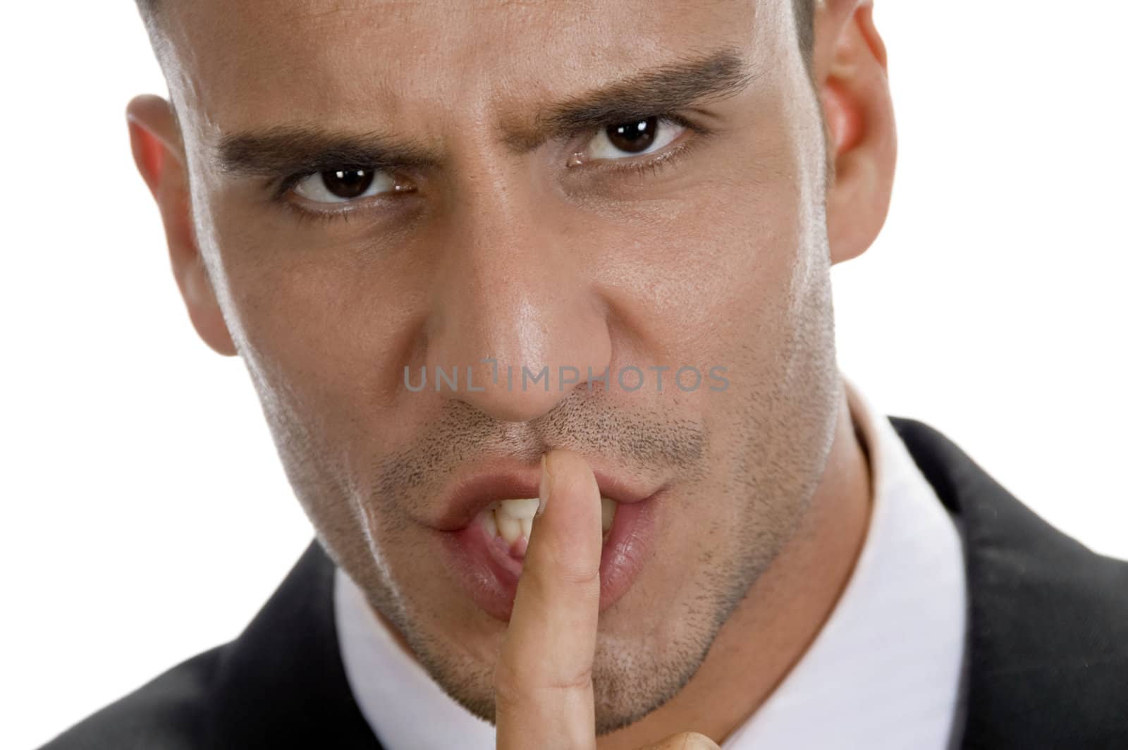 businessman shushing with close up pose with white background