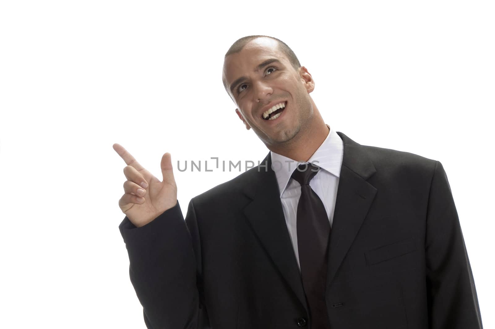 happy businessman pointing to back side