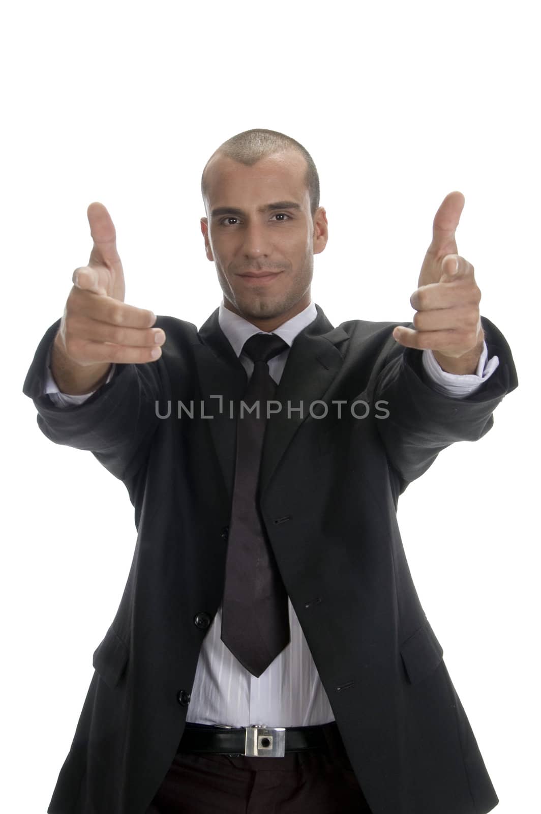 cool successful businessman posing against white background