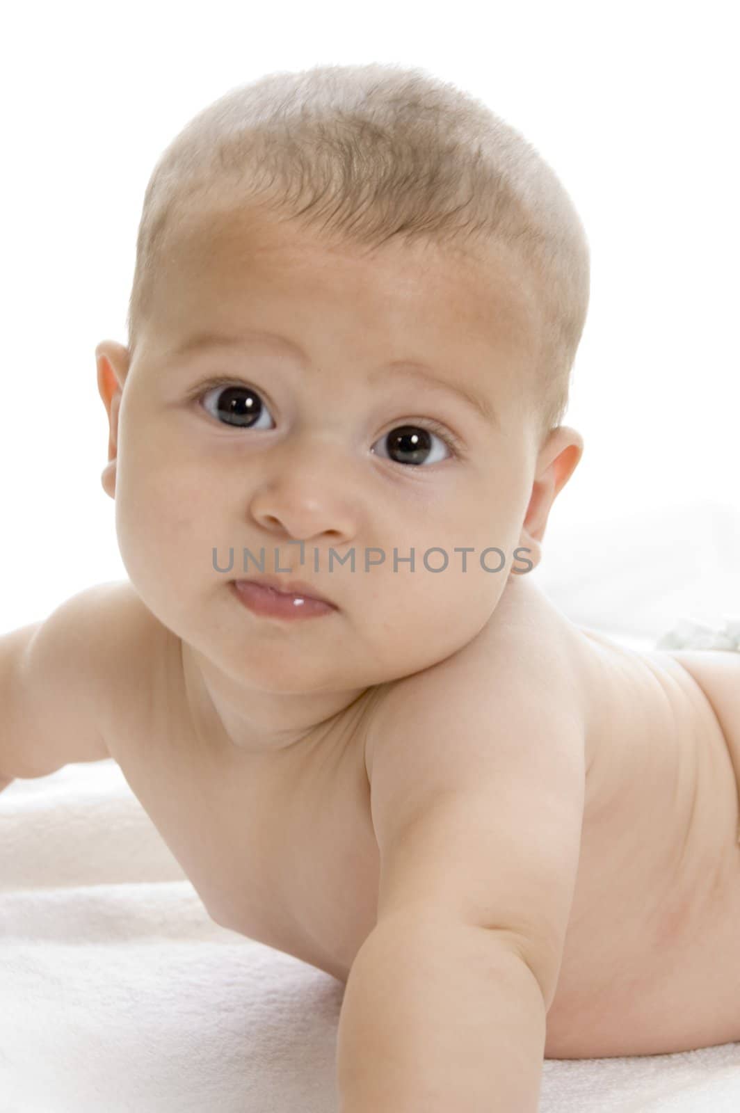 happy child lying and looking at camera on an isolated white background