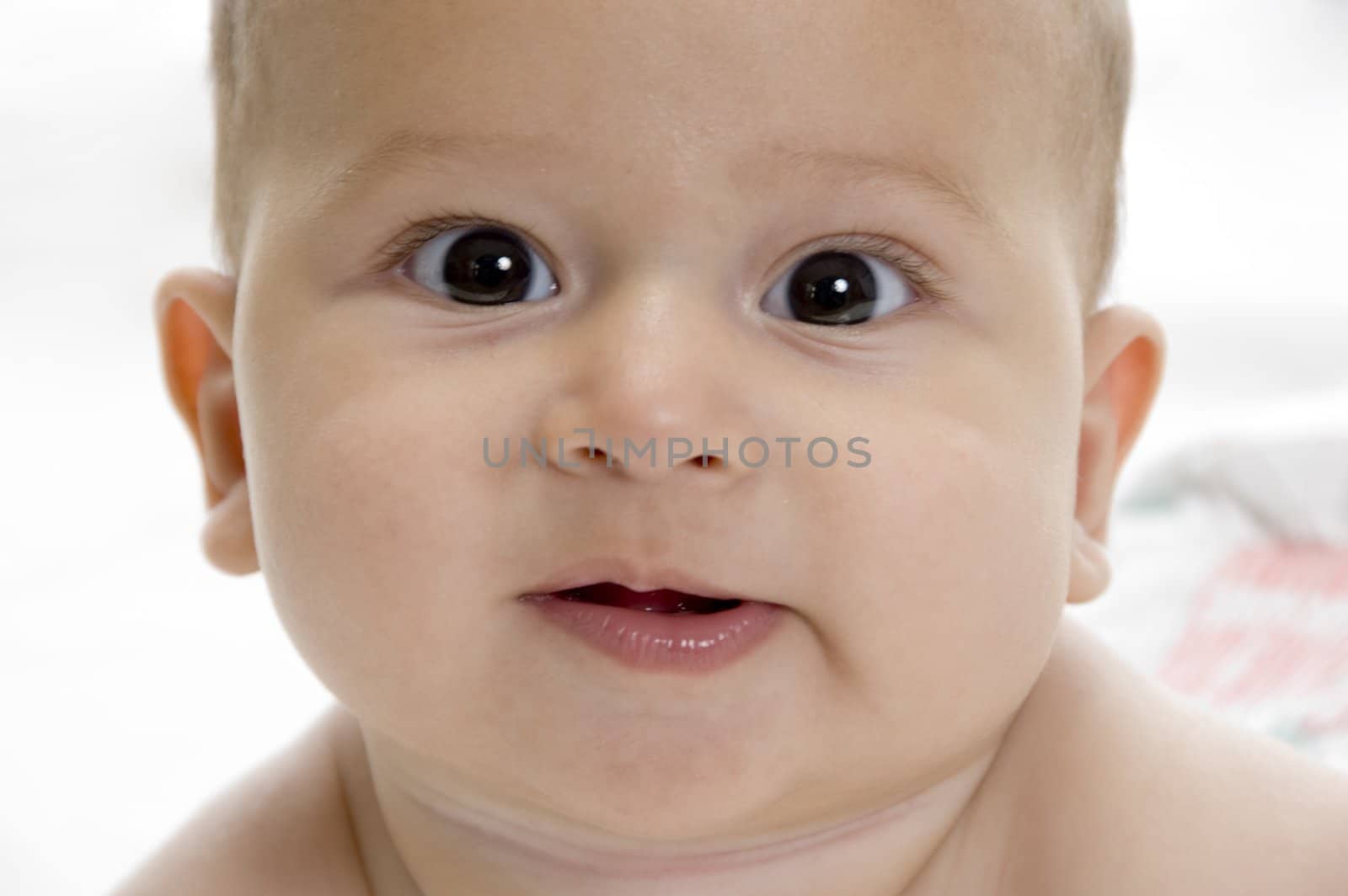 close up view of cute baby with white background