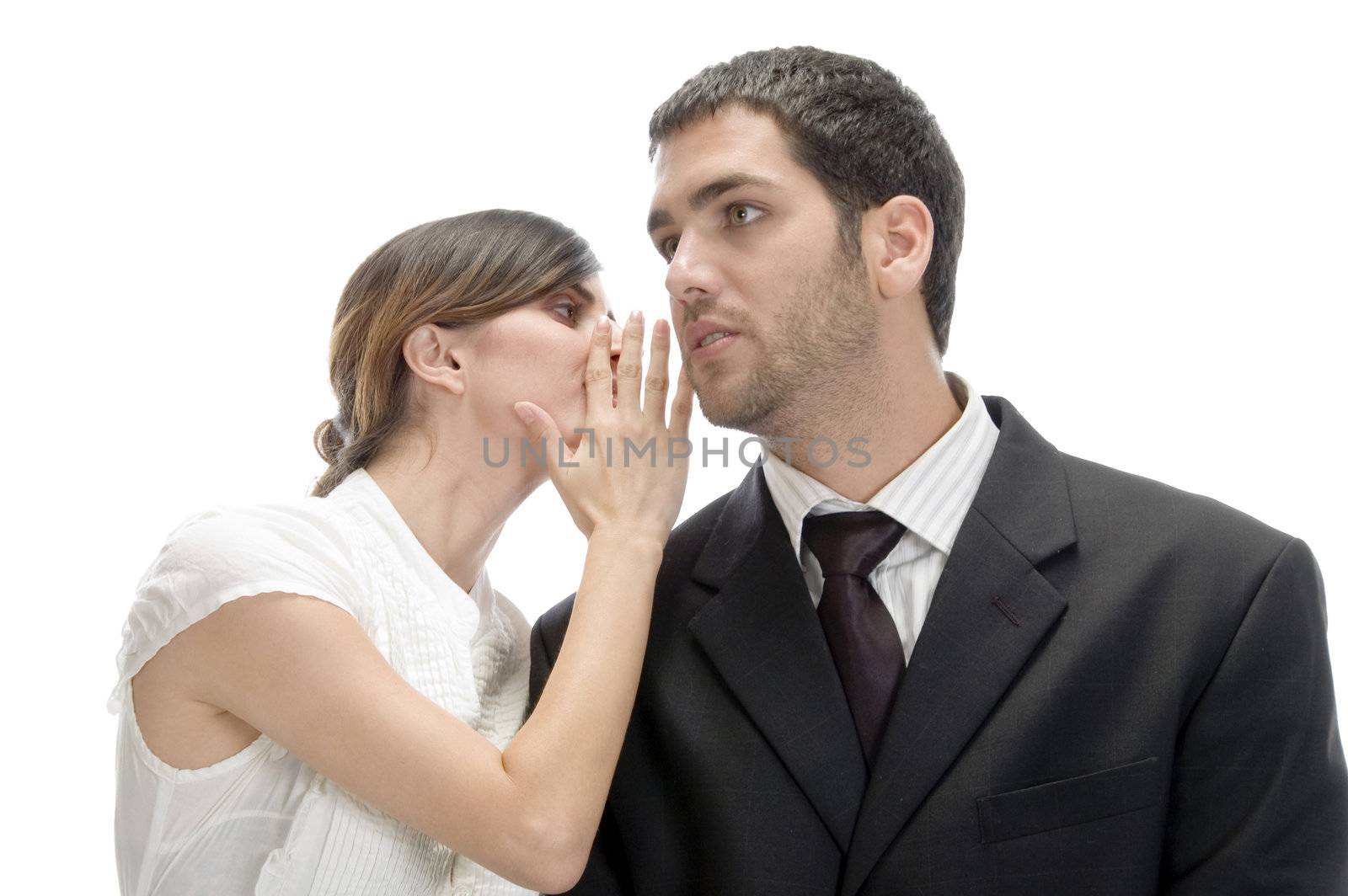 beautiful woman telling something to man with white background