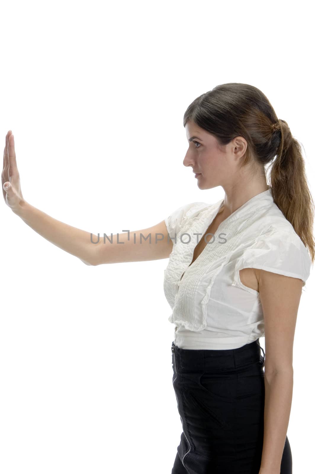 woman posing with stopping palm isolated on white background
