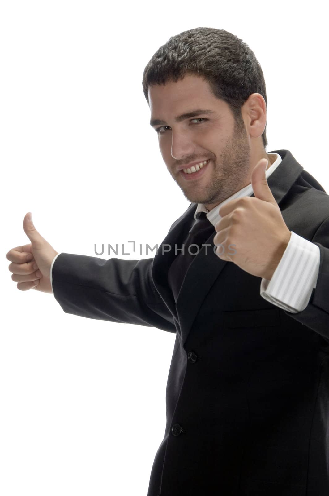 happy businessman wishing good luck on an isolated white background