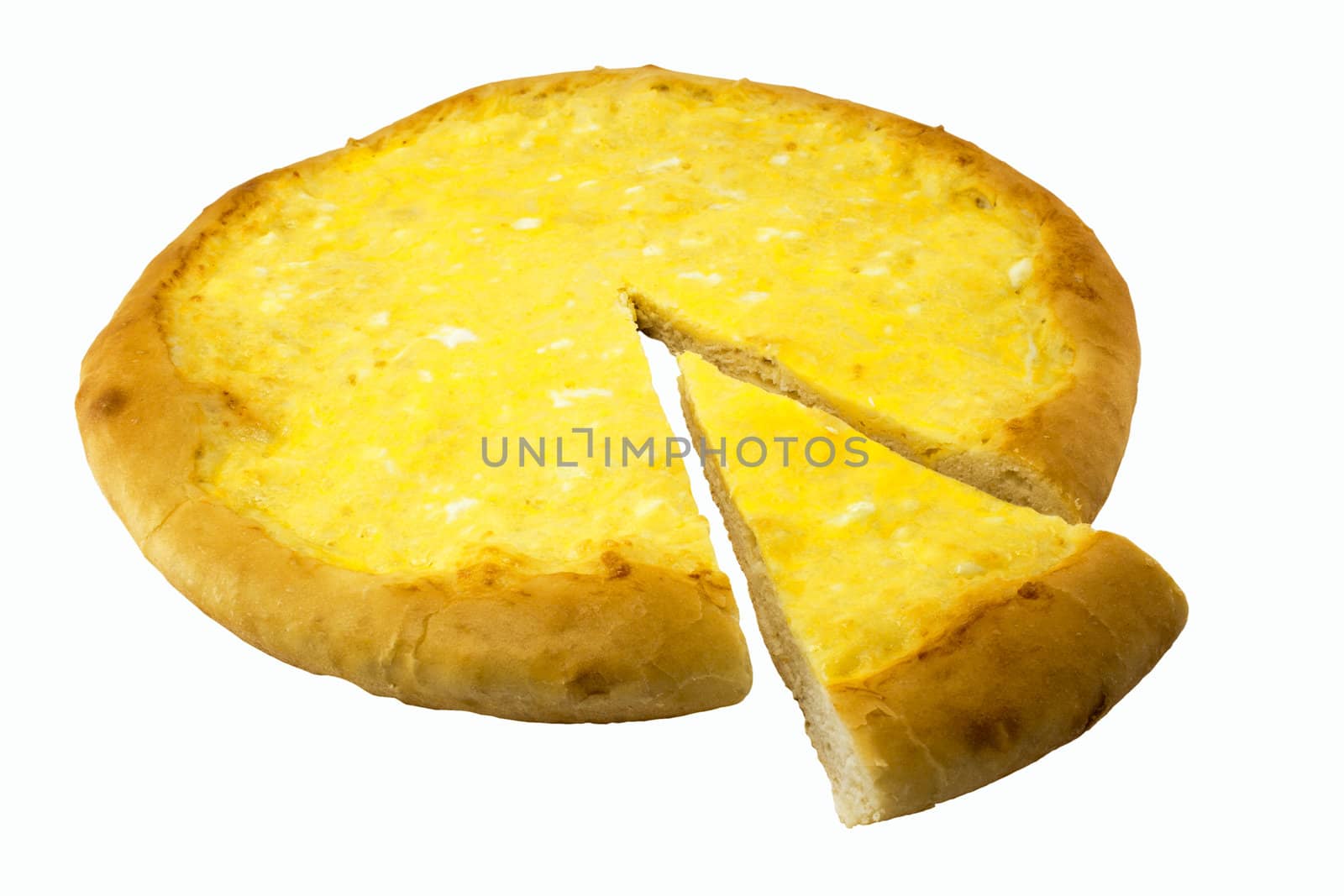 Italian pizza with cheese and eggs isolated on white