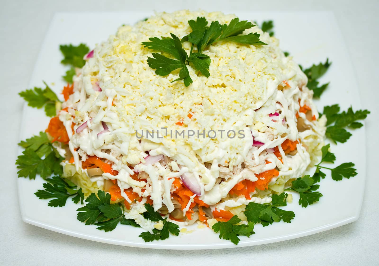 big chicken salad with cheese and parsley