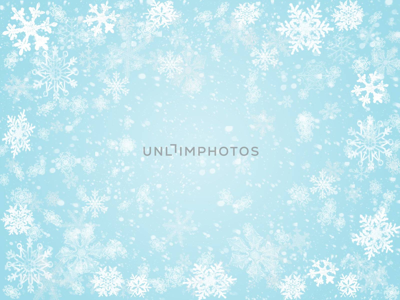 white snowflakes over light blue background with feather center