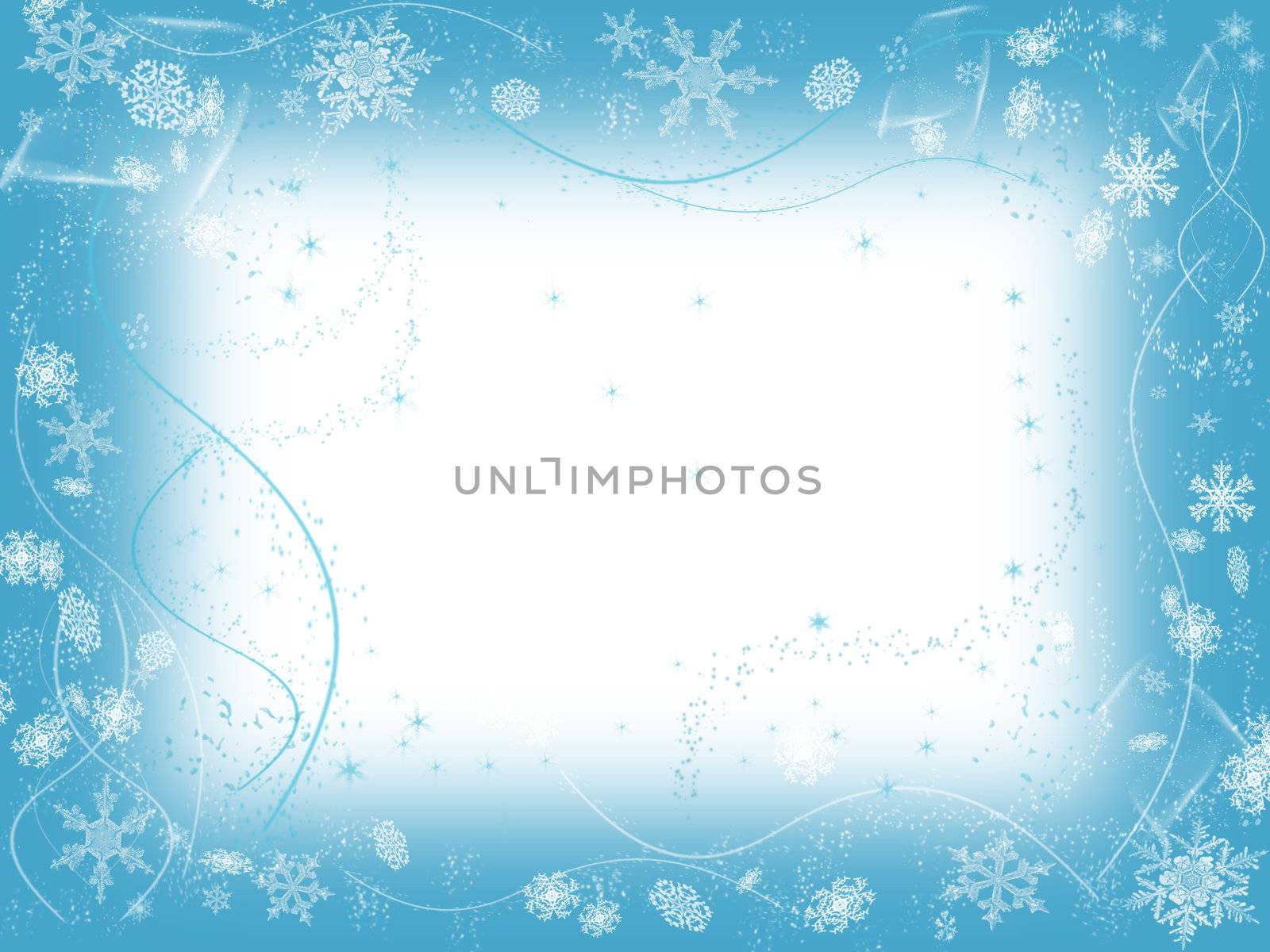 white snowflakes over light blue background with feather center
