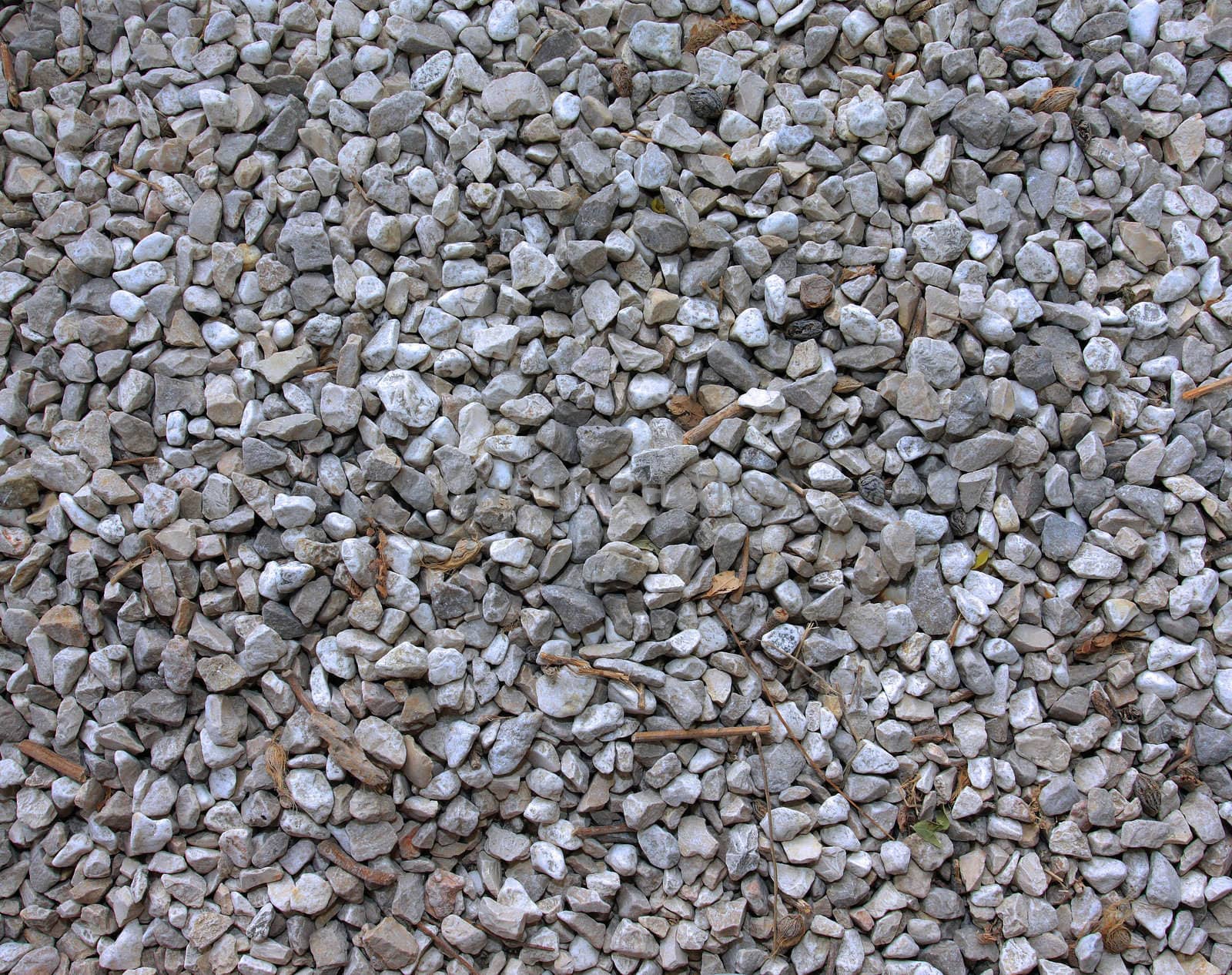 Gravel surface with dry autumn leaves and sticks on.