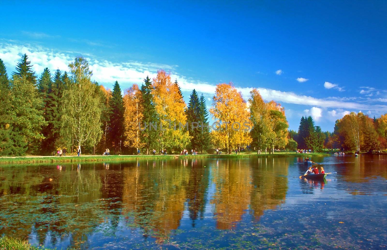 Active rest at the lake in nice autumn day