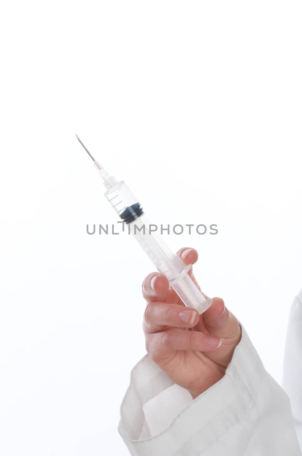 An image of a female doctor holding a medical syringe