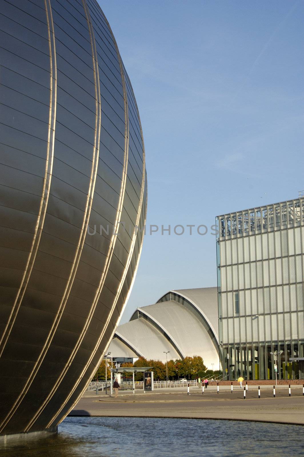 The space age shell of the Imax cinema and the 'Armadillo' shape of the clyde auditorium at Pacific Quay, Glasgow