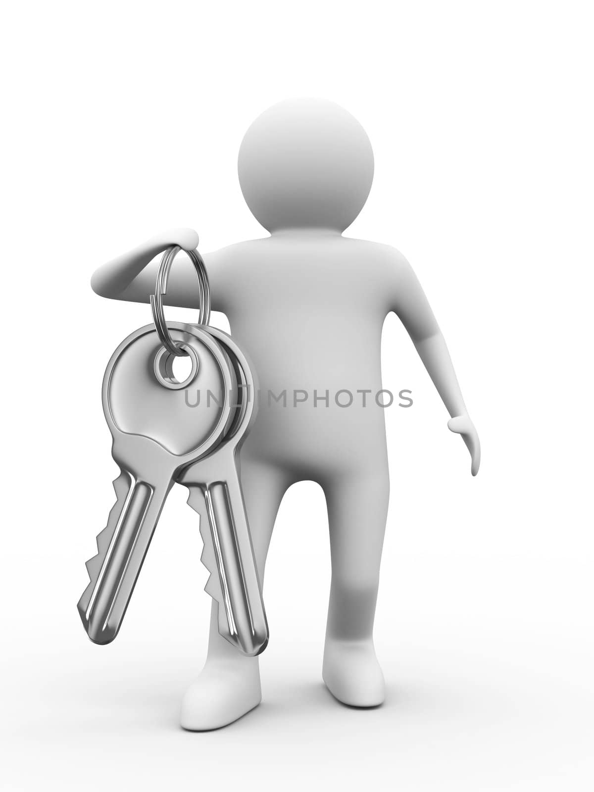 two keys and man on white background. 3D image