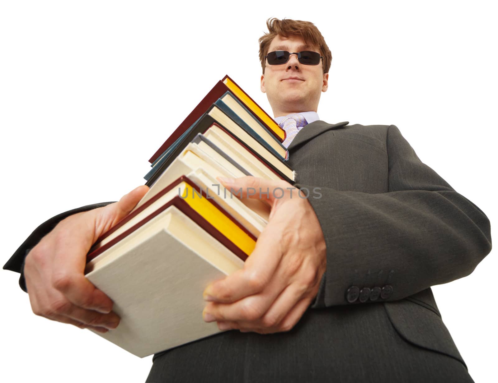 The self-satisfied person in black glasses with books in hands
