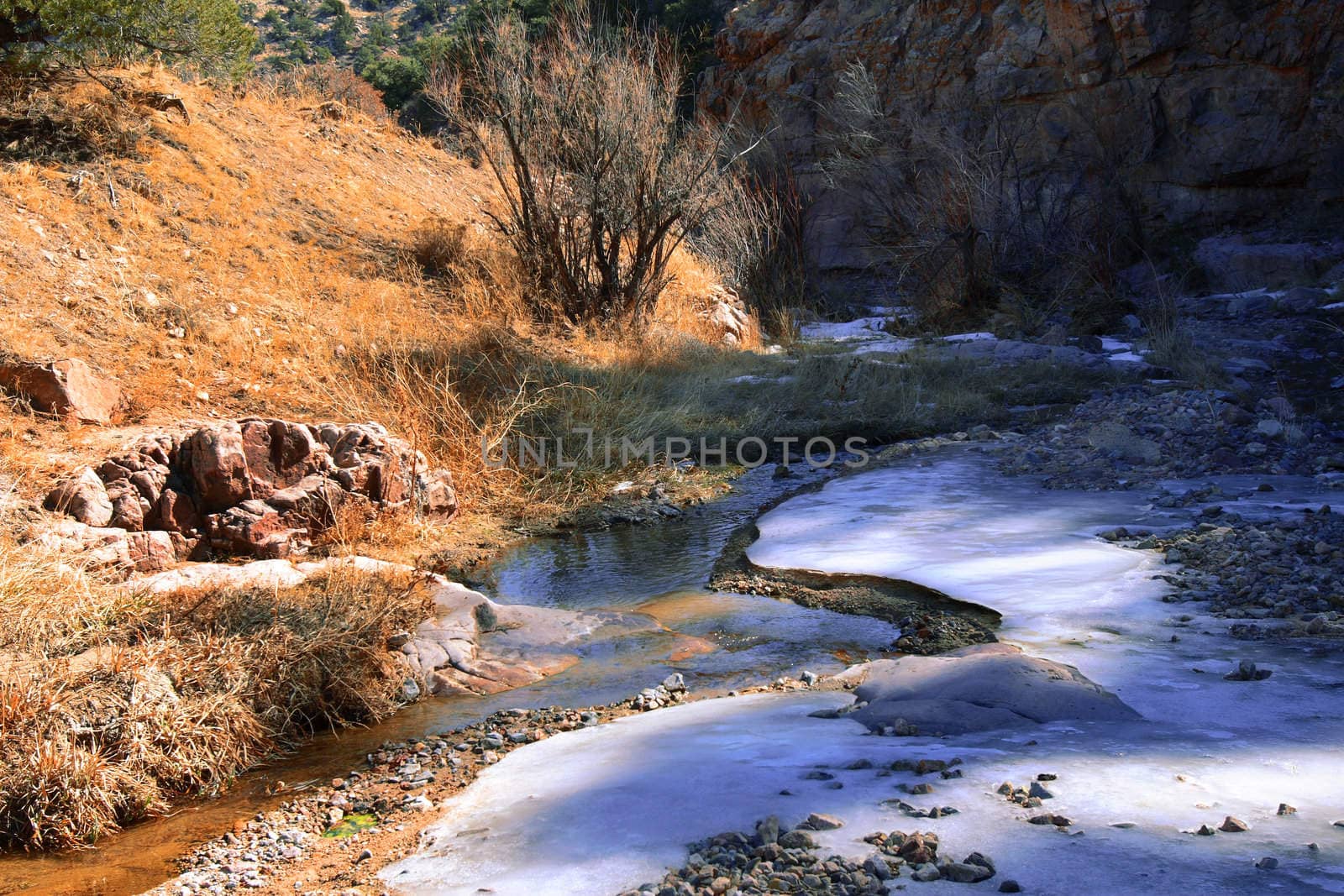 Icy creek meandering through winter landscape