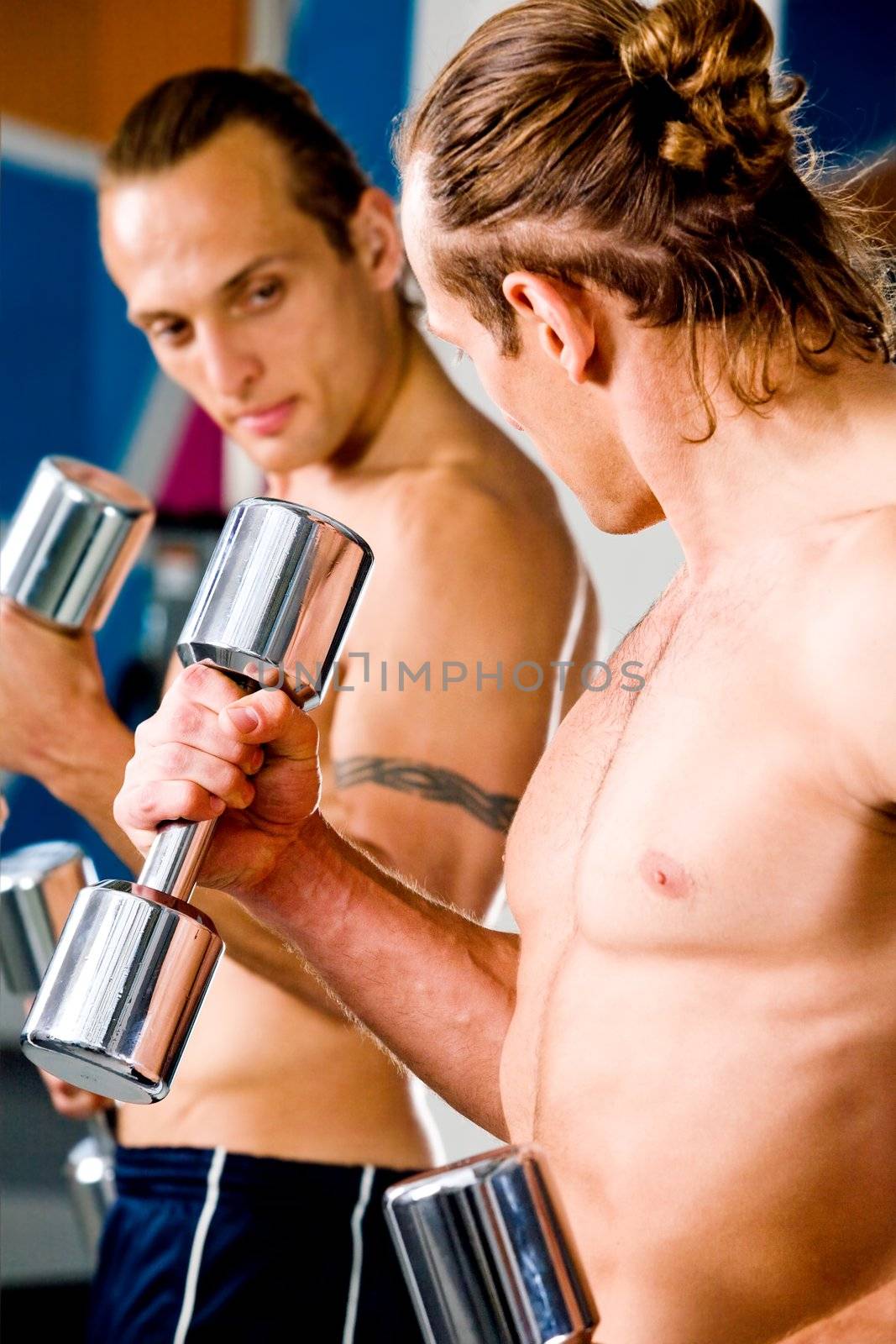 Strong man in health club curling a dumbbell