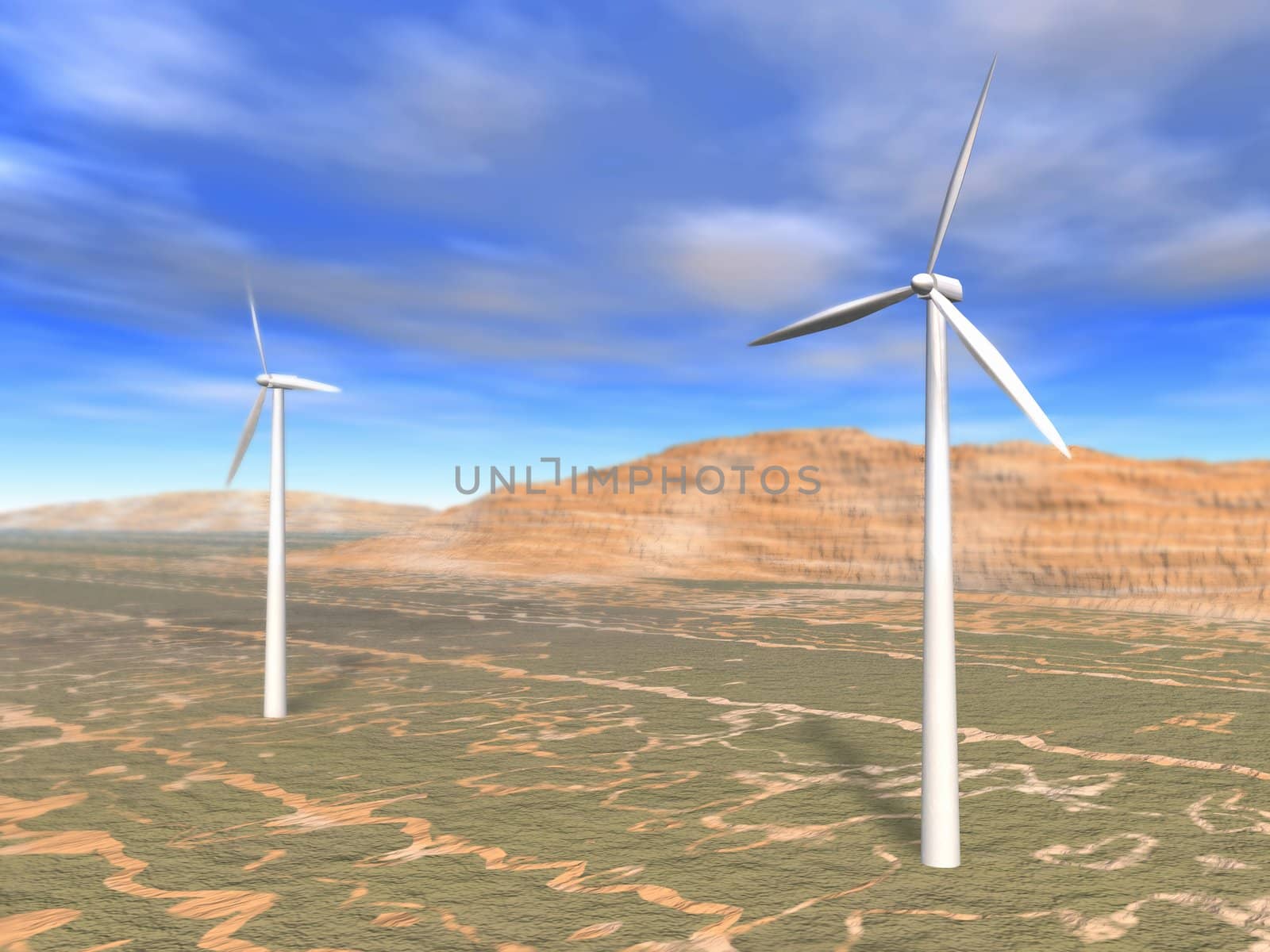 3d rendering of some wind turbines in a landscape