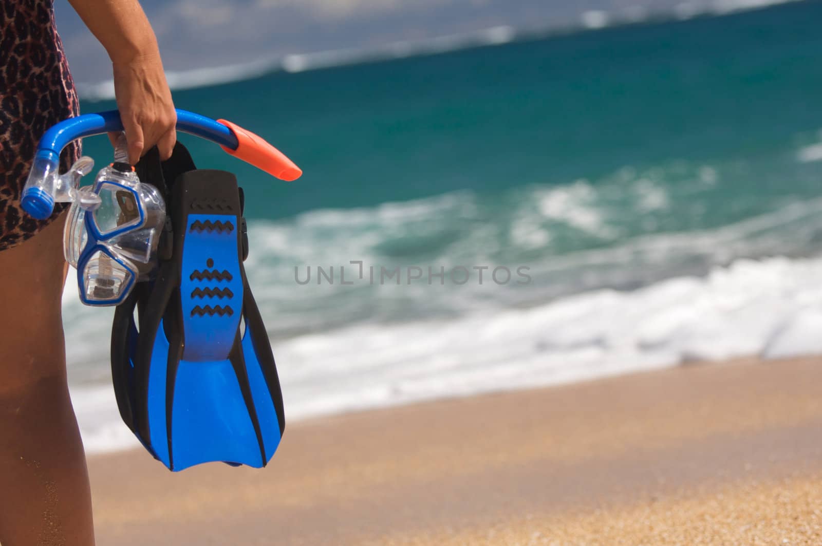 Woman Holding Snorkeling Gear on the shoreline.