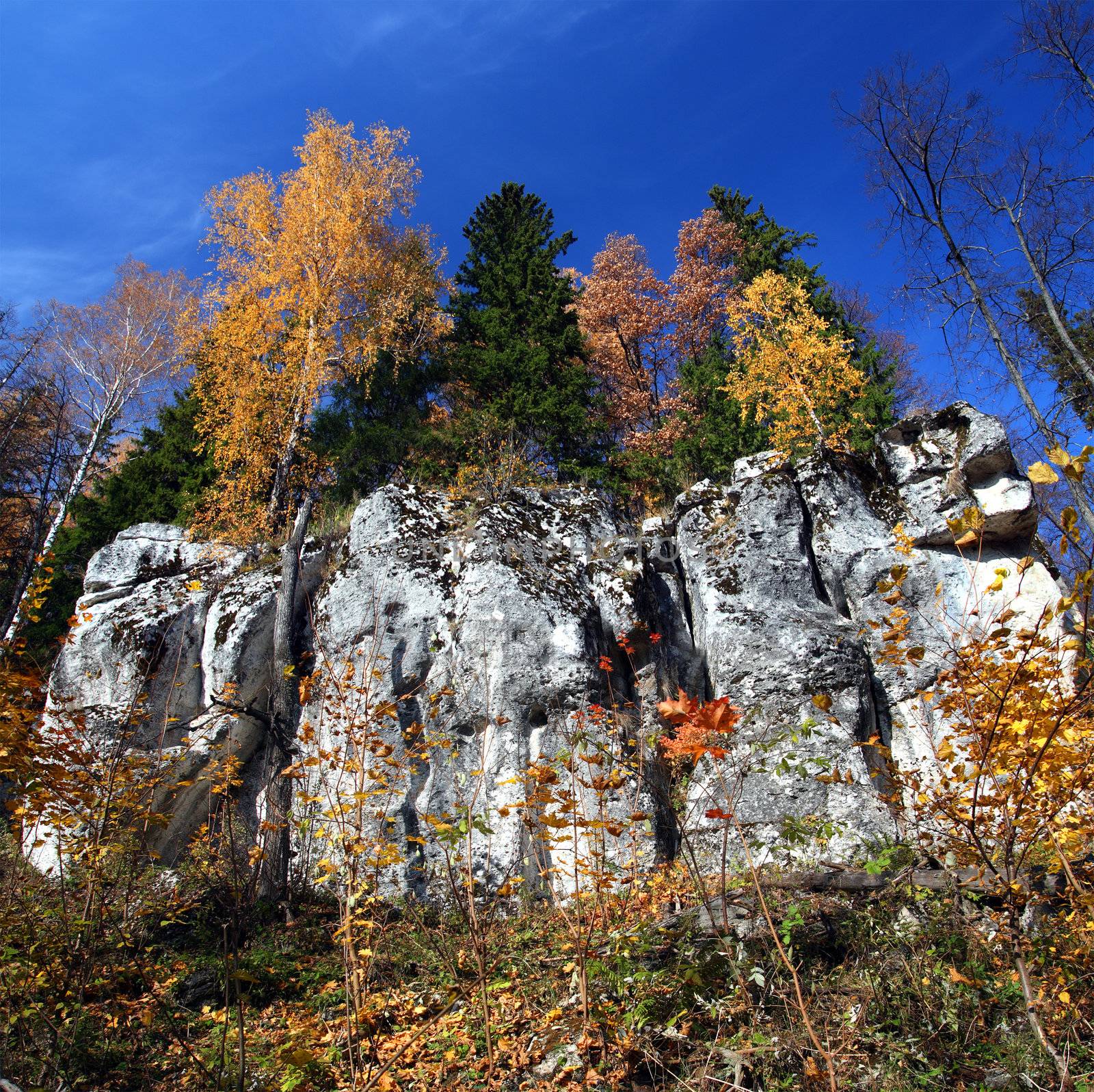 autumn landscape with rock in Ural mountains Russia