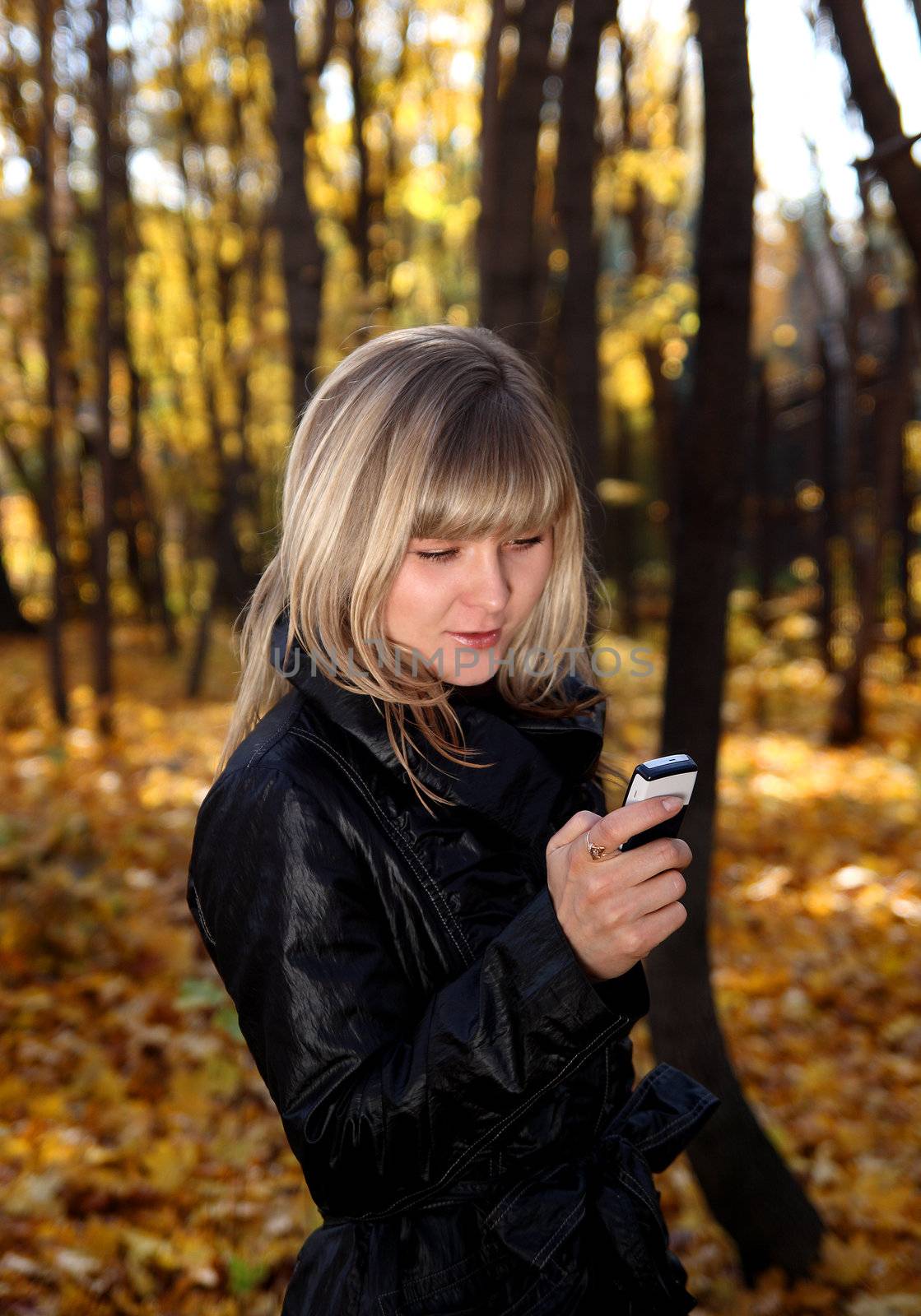 beauty girl messaging with phone in autumn park