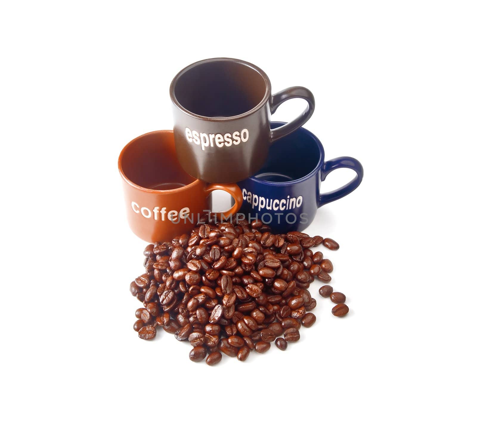 coffee espresso cappuccino cups with coffee beans isolated on white background