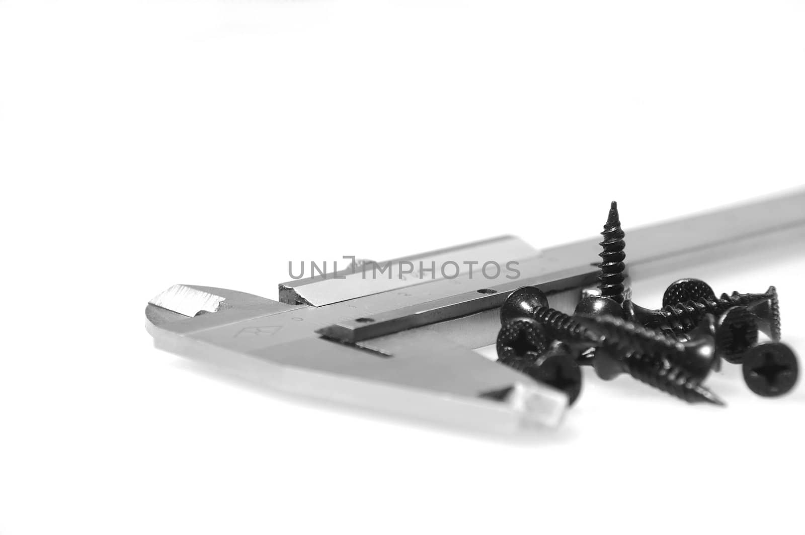 precision caliper with screws on whitw background