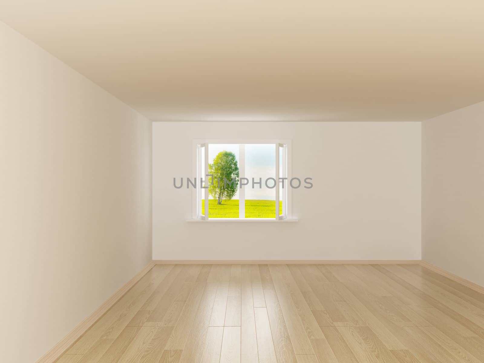 Empty room. Landscape behind the open window. 3D image