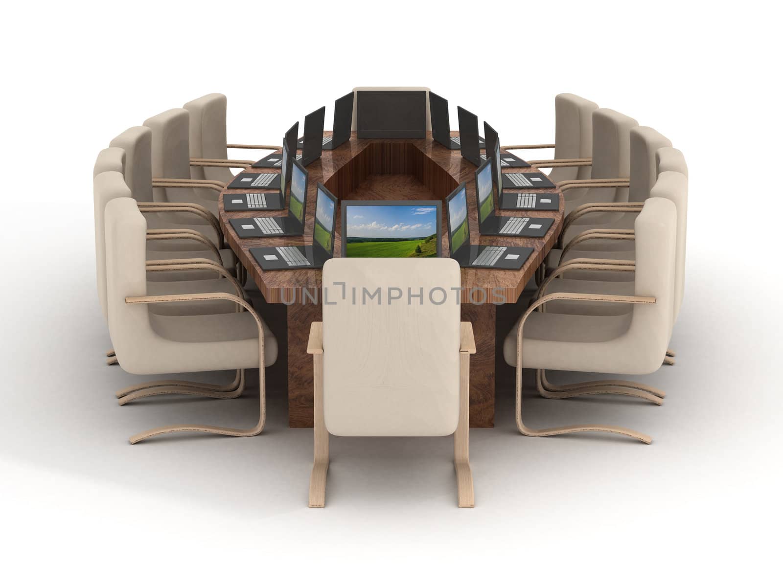 Conference of halls on a white background. 3D image.