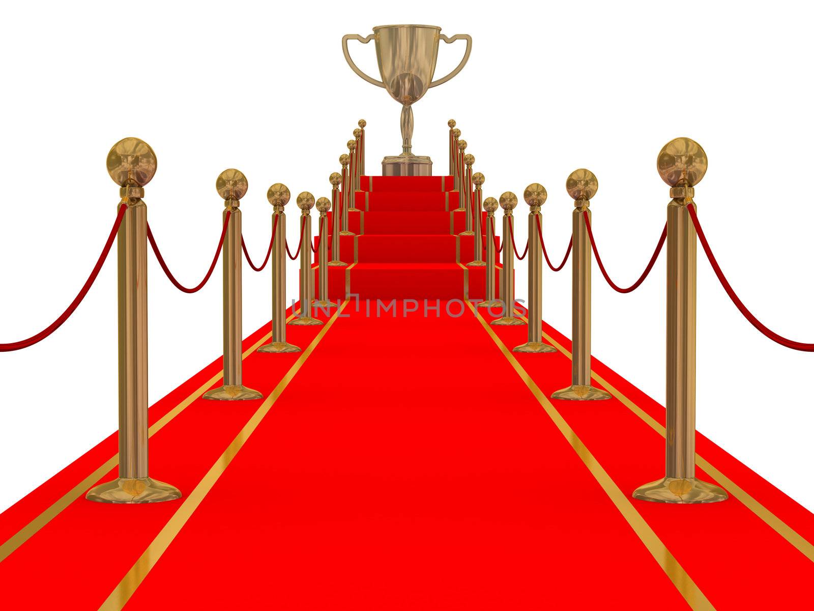 Gold cup of the winner on a red carpet path.