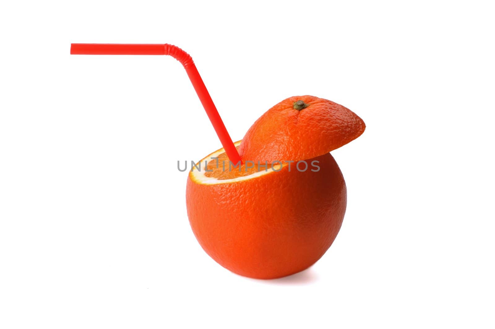 fresh ripe orange cutted on top with straw on white background