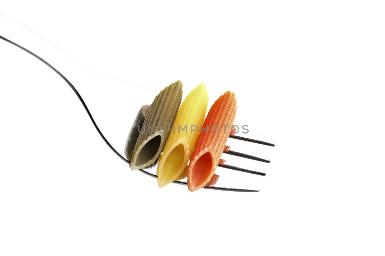 italian penne pasta on a fork ,on white background