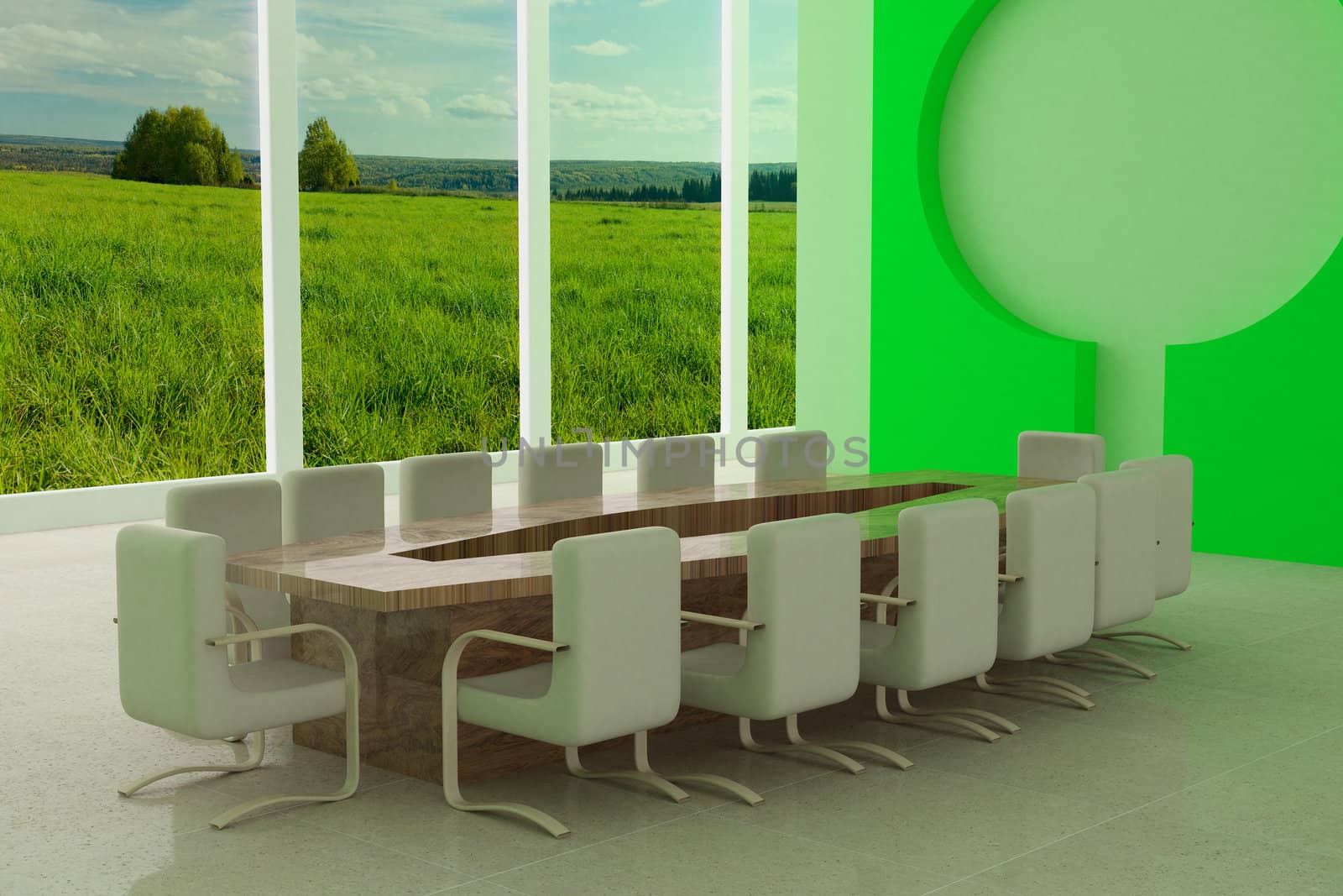 Conference of halls. 3D image.