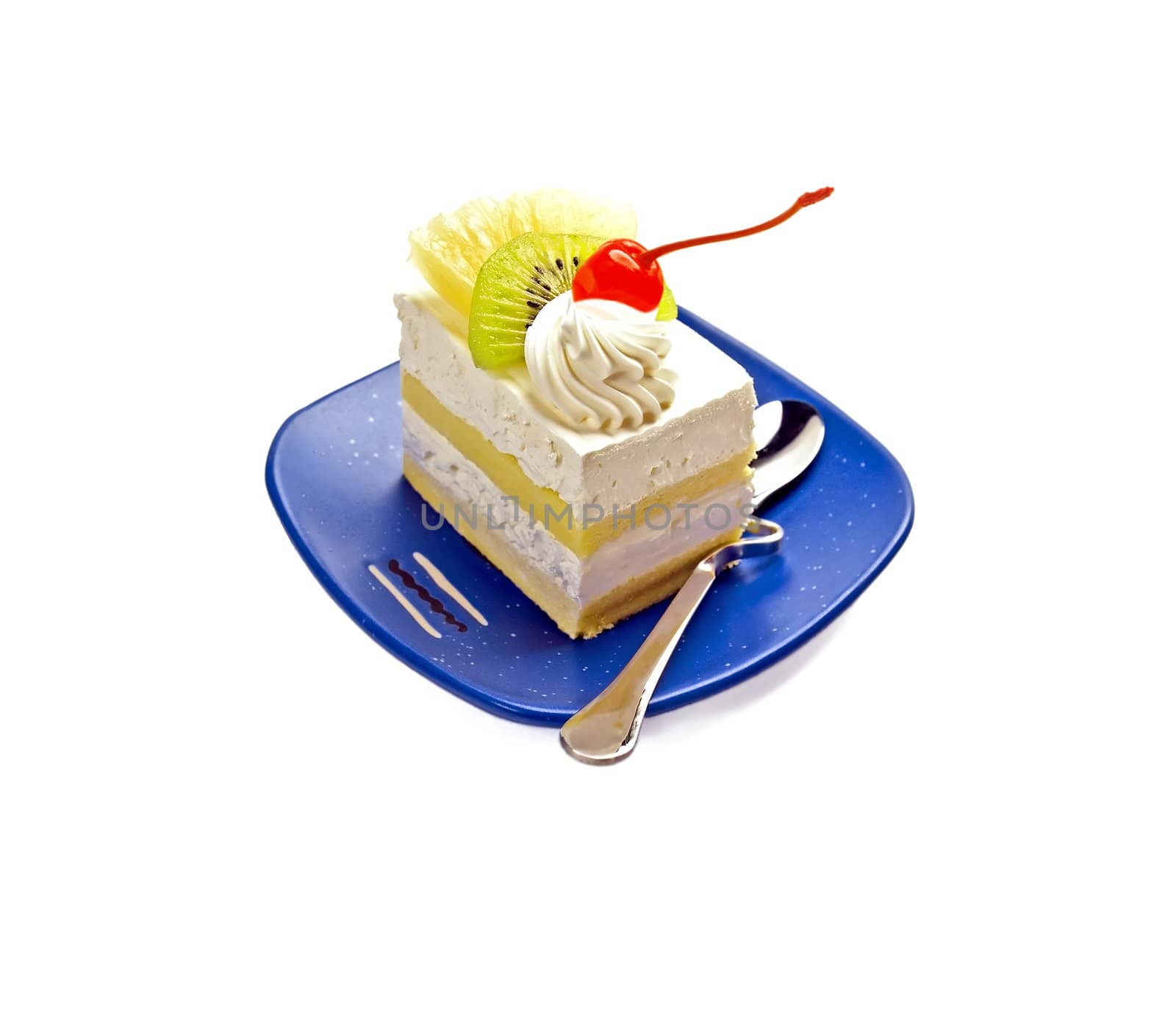 piece of fresh fruit cake on white background