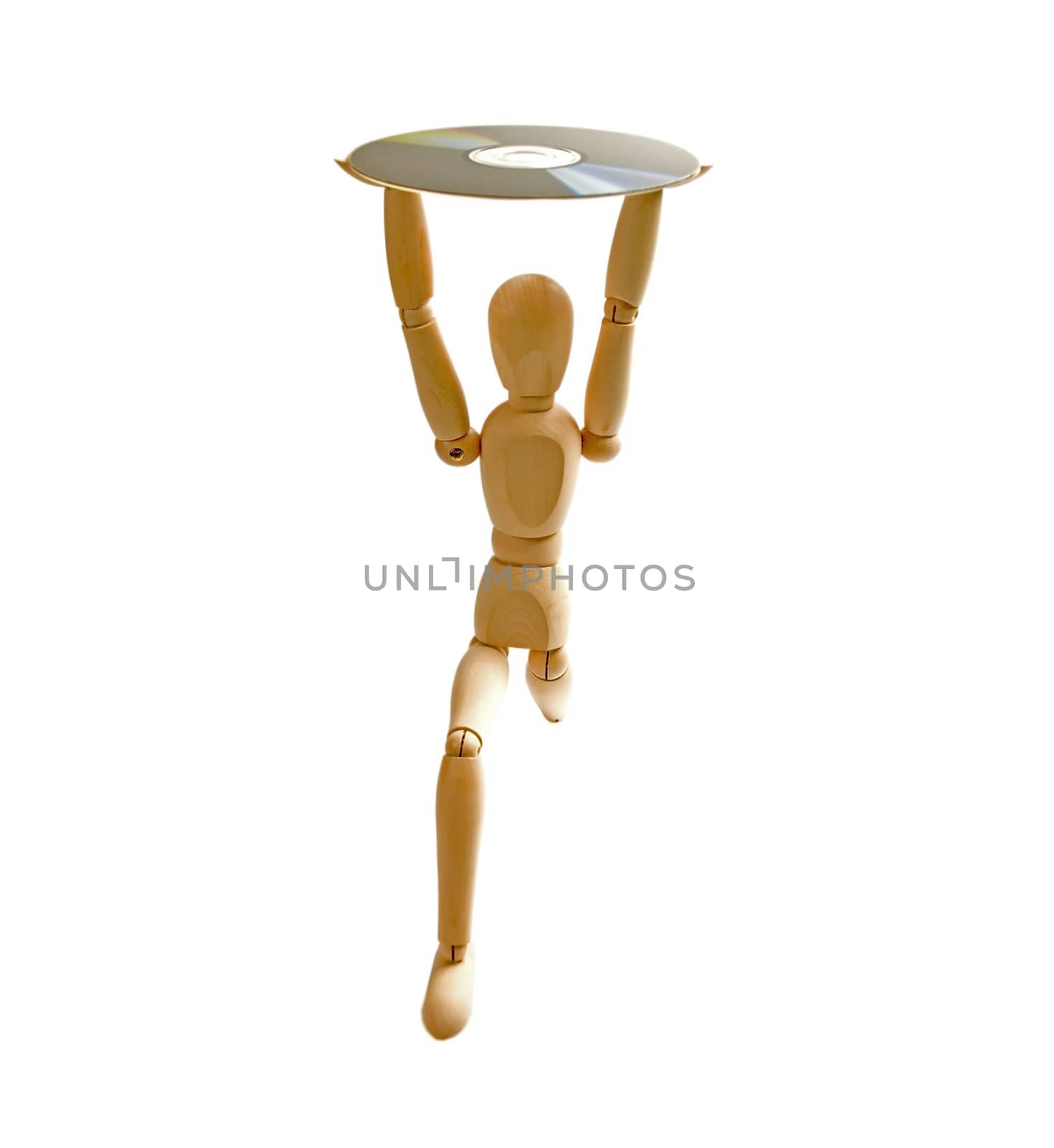 wood mannequin with CD-rom on white background