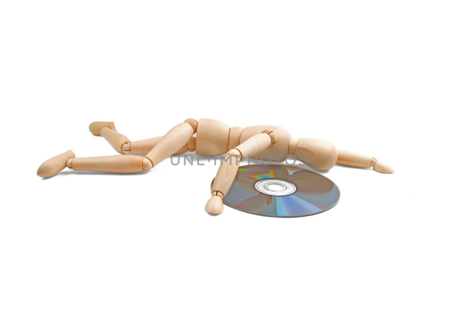 wood mannequin with CD-rom on white background