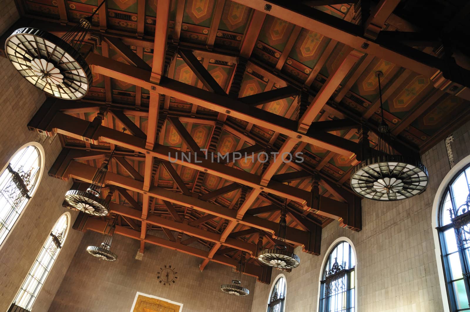Painted beam ceiling in a Los Angeles train station