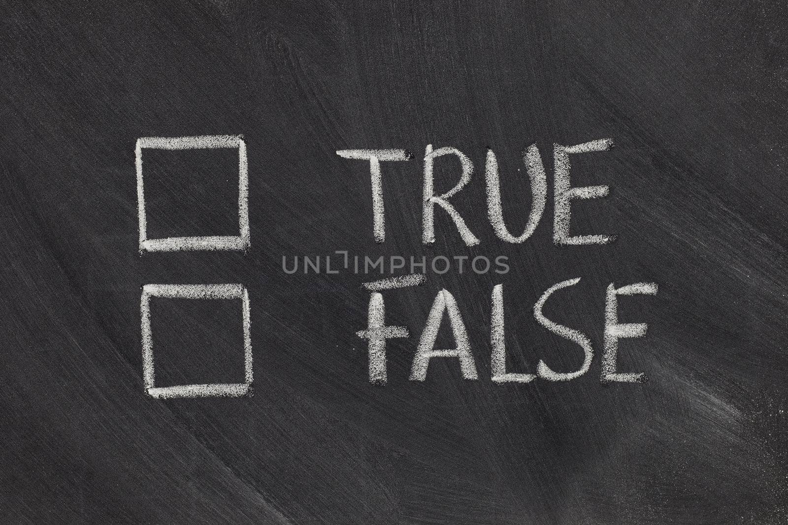 true or false with checkboxes - white chalk handwriting on blackboard