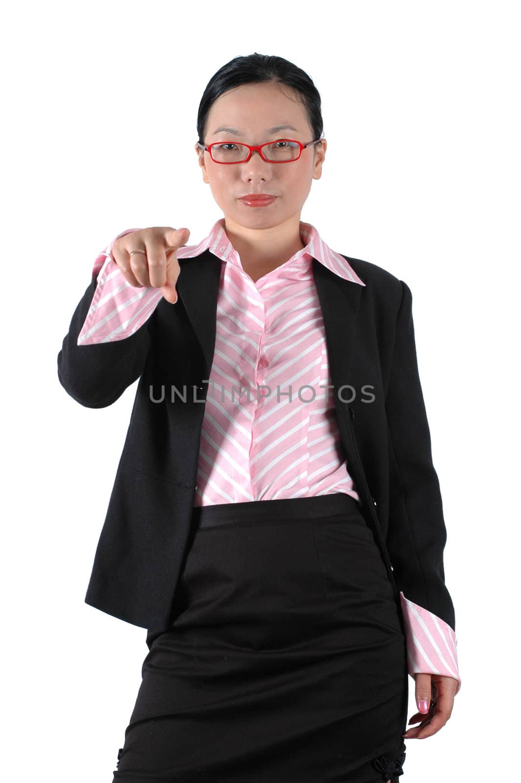 Asian businesswoman, wearing lady's suit and shirt, pointing finger.