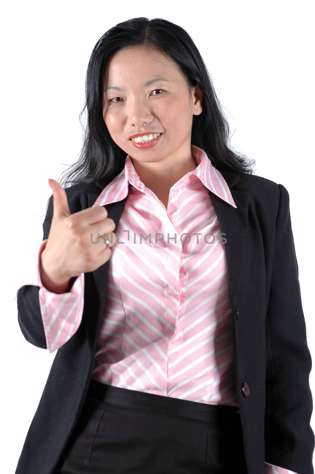 Chinese businesswoman, happy and successful, wearing lady's suit and shirt. 