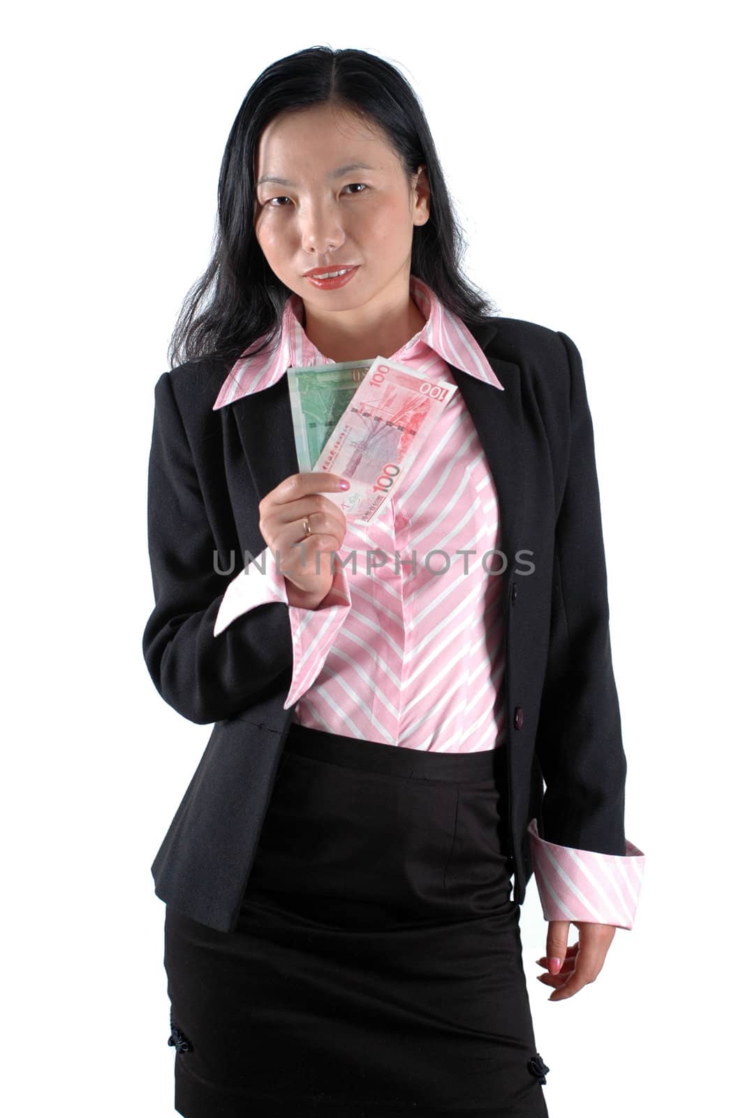 Chinese businesswoman, serious looks, holding Hongkong dollar's banknotes, wearing lady's suit and shirt. 