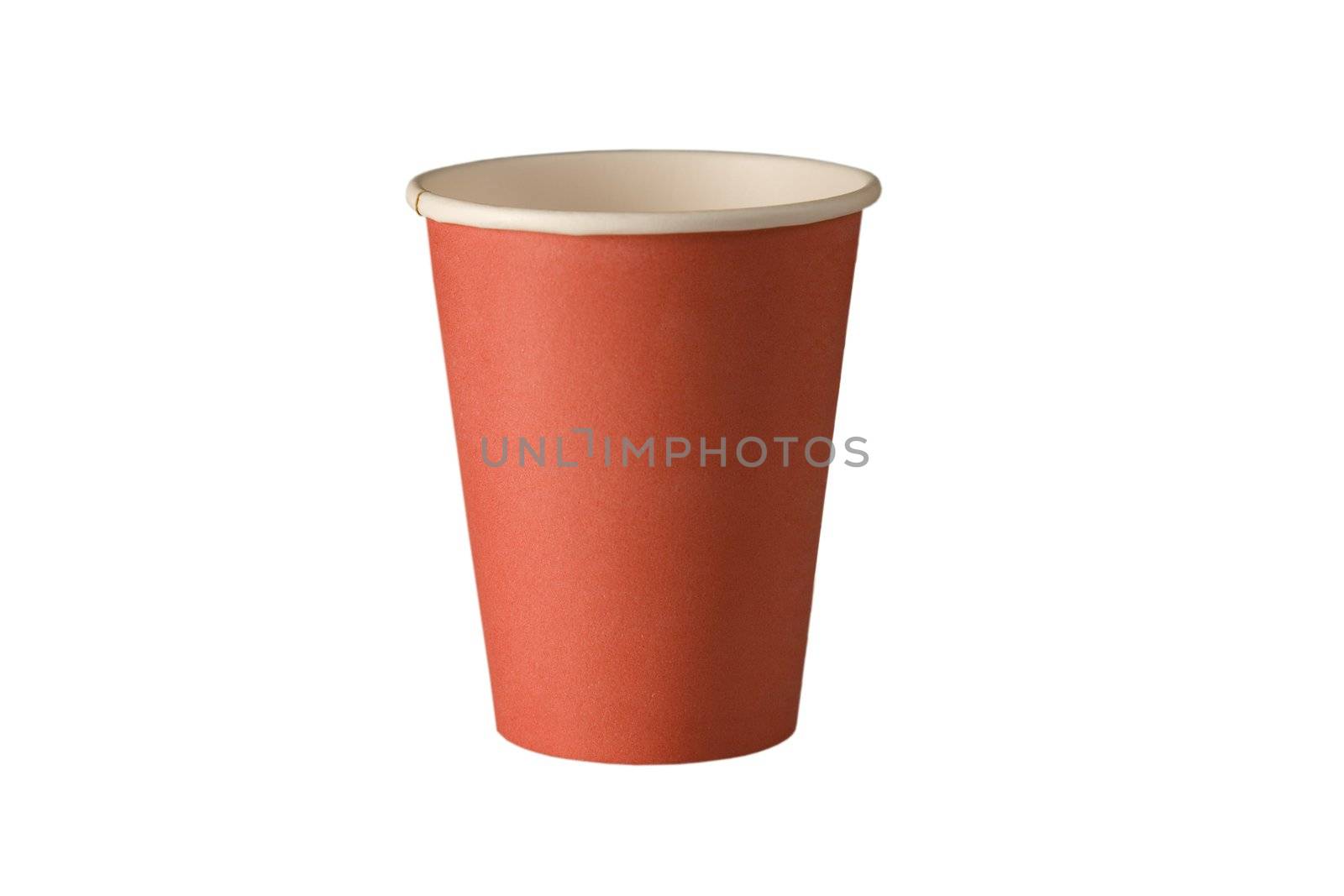 front view of red recycling paper glass on white background