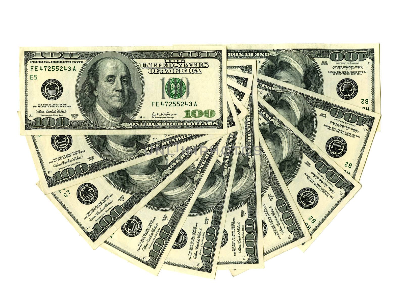 Ten hundred dollars notes isolated on white