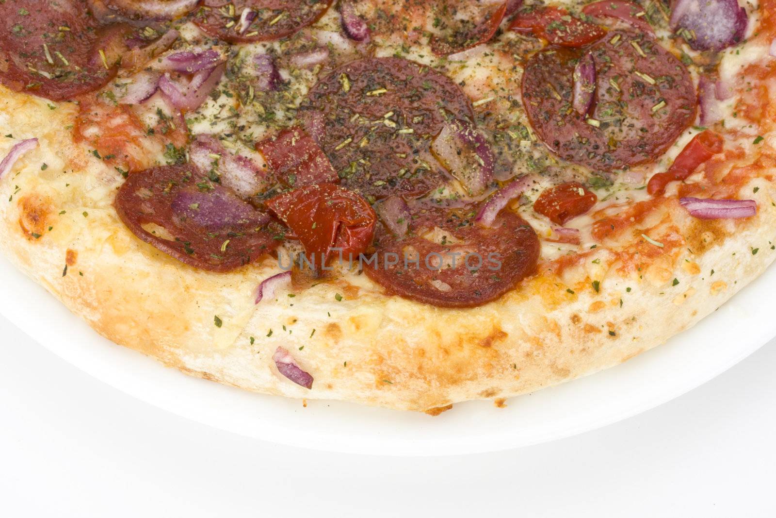 a pizza on a white plate over light grey background