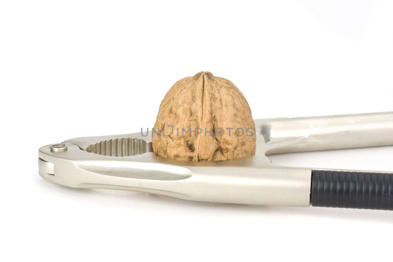 nutcracker and a walnut isolated on white background by bernjuer